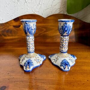 Vintage Delft Style Candlesticks Pair Blue White Hand Painted Dutch Farmhouse